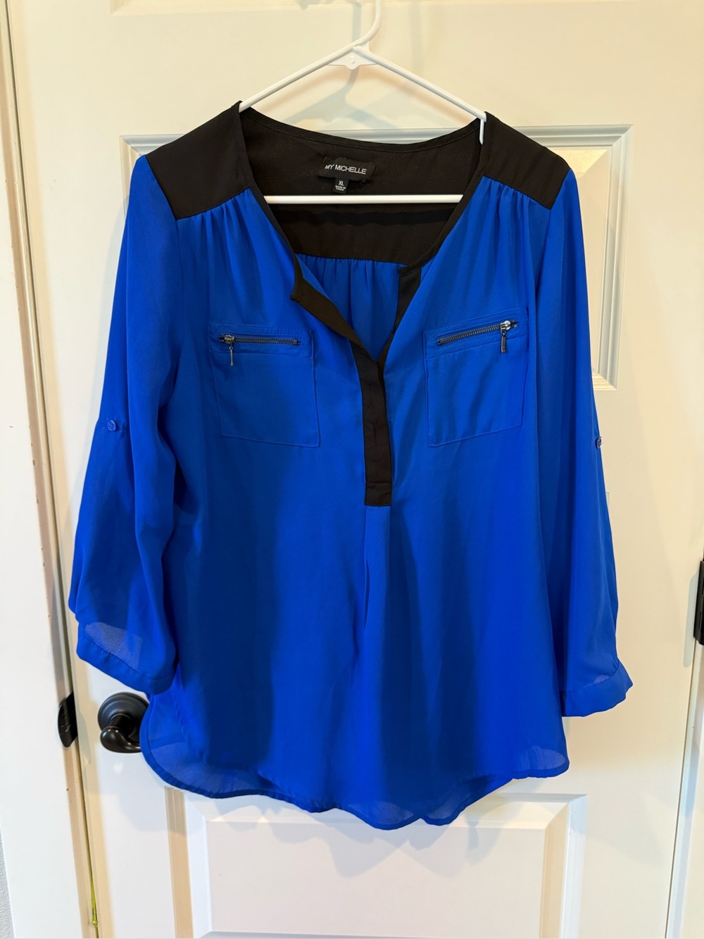 My Michele Royal Blue & Black Split-Neck Blouse